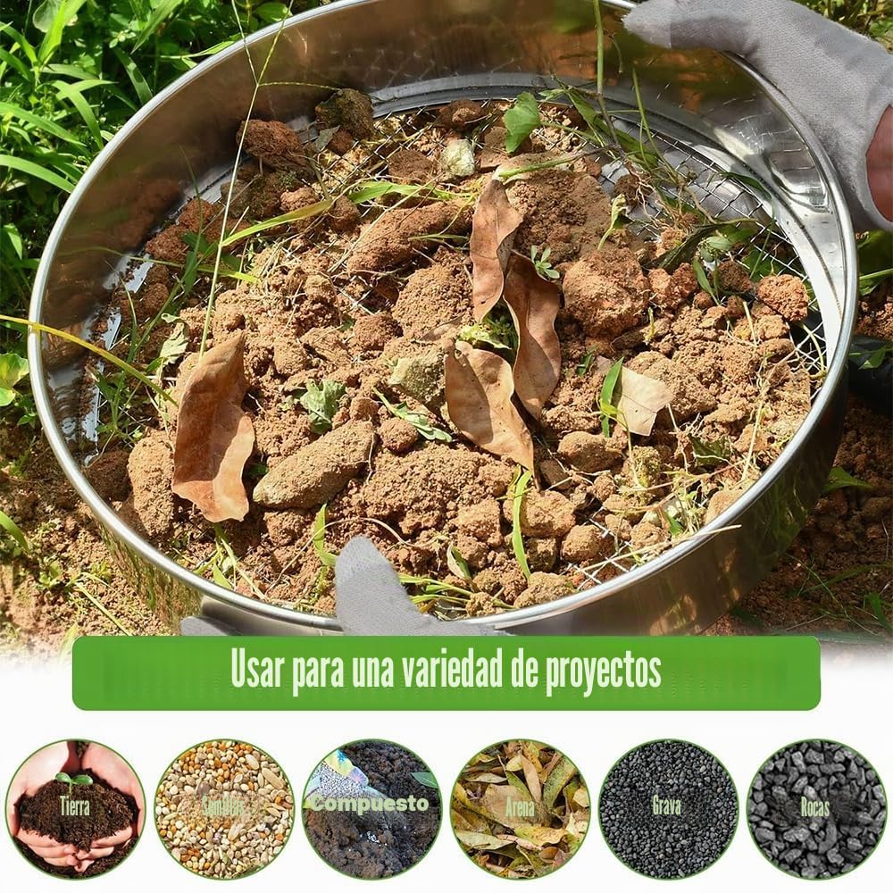Tamiz de Jardín de Acero Inoxidable,Tamiz Jardín 5 en 1 Redondo 30 cm,con 5 Insertos de Tamiz Intercambiables Ø 3,6,9,10,12 mm,Tamiz Redondo de Jardín,Tamiz de Compost para Tierra, Compost, Semillas
