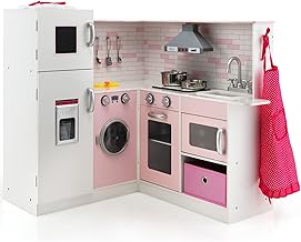 GOPLUS Kinder Eckeküche Spielset Mit Licht & Sound, Spielküche Holzküche Mit Spüle, Backofen, Mikrowelle, Herd & Kochgeschirr für 3+ Jahren, Rosa