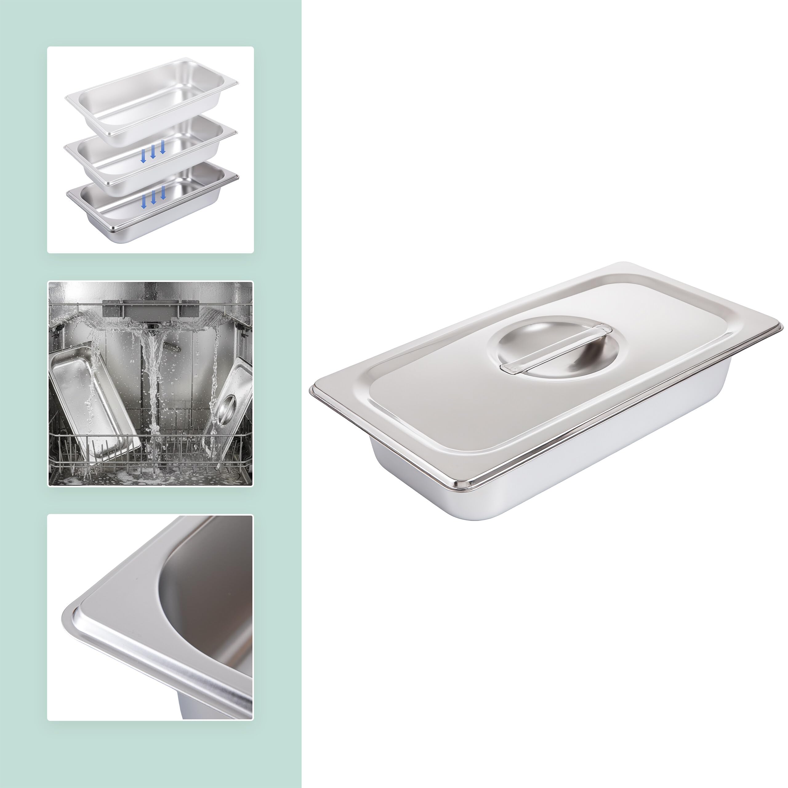 Relaxdays Set 3 contenitori Gastronorm GN 1/3 in Acciaio Inox con Coperchio, 6,5x32,5x17,6 cm, Argento