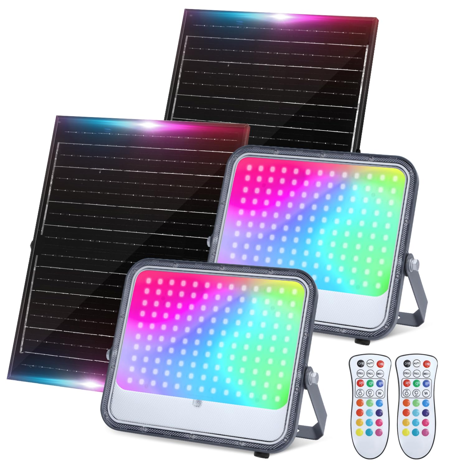 Aigostar Focos LED Exterior Solares RGBW, Cambio de Color 200W, Foco RGB+6500K y 3 Modos, Regulable, Control Remoto, IP66 Impermeable, Proyector LED RGB para Fiestas Jardín Terraza, 2 pcs