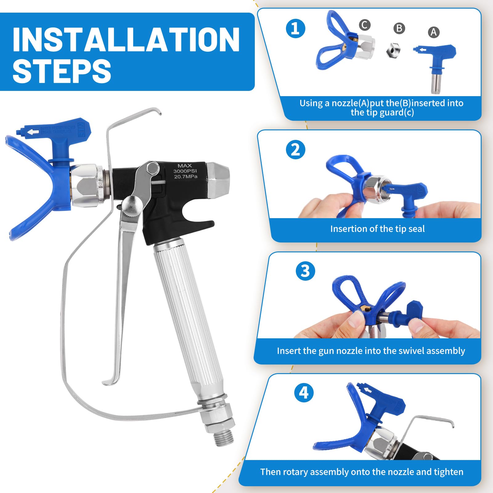 DUSICHIN Pistola pulverizadora de pintura sin aire de alta presión 3600PSI con soporte reversible de punta de boquilla 519, junta giratoria para pulverizador de bomba y máquina de pulverización sin