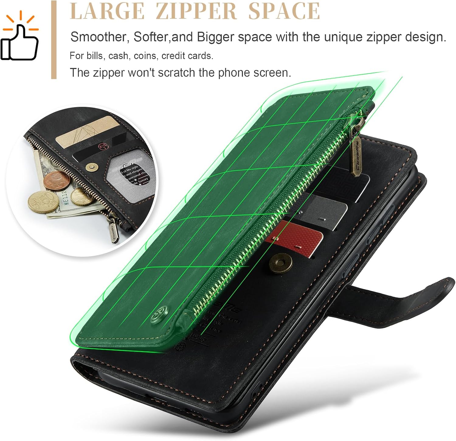 UEEBAI Wallet Case for Samsung Galaxy S24 Ultra 5G, Premium Handmade PU Leather Phone Case Card Slots Magnetic Closure Zipper Pocket Kickstand Flip Case with Hand Strap - Vintage Black