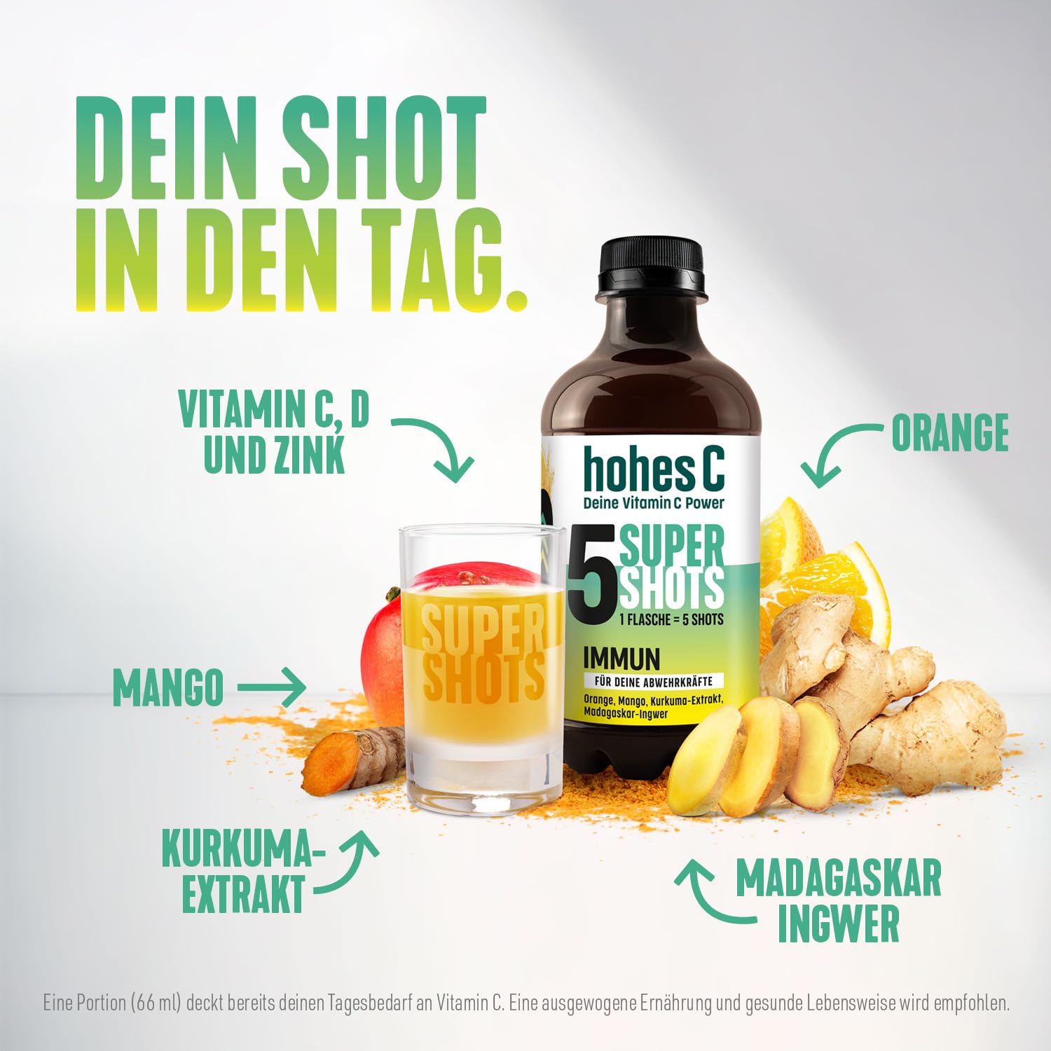 hohes C Super Shots Geschenkset: 1x Immun 330ml + 1x Energie 330ml + Shotglas, Orange, Mango, Ingwer, Cranberry, Guarana, Chili