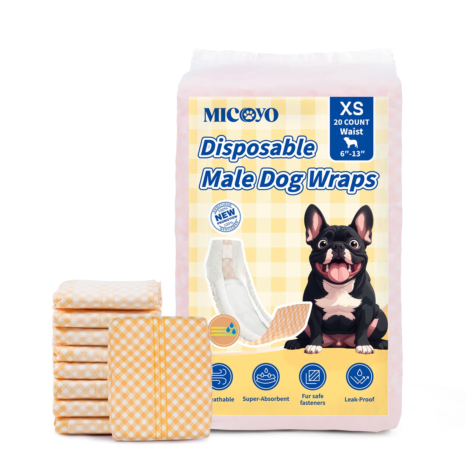 MICOOYO Pannolini usa e getta per cani maschi, molto assorbenti, con indicatore di umidità (XS, confezione da 20)