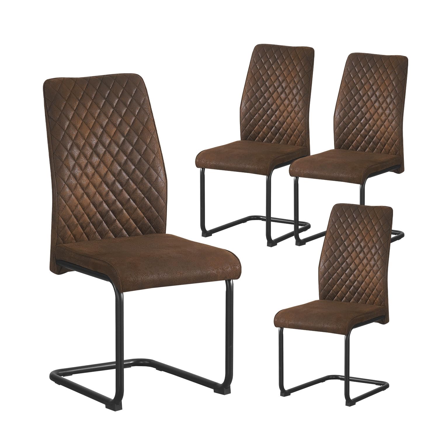 B&D home® Esszimmerstühle Theo 4er-Set – gepolsterte Freischwinger mit Rautensteppung, Wildlederoptik Braun, ergonomische Sitzfläche, schwarzes Metallgestell, Industrial Design für Küche & Esszimmer