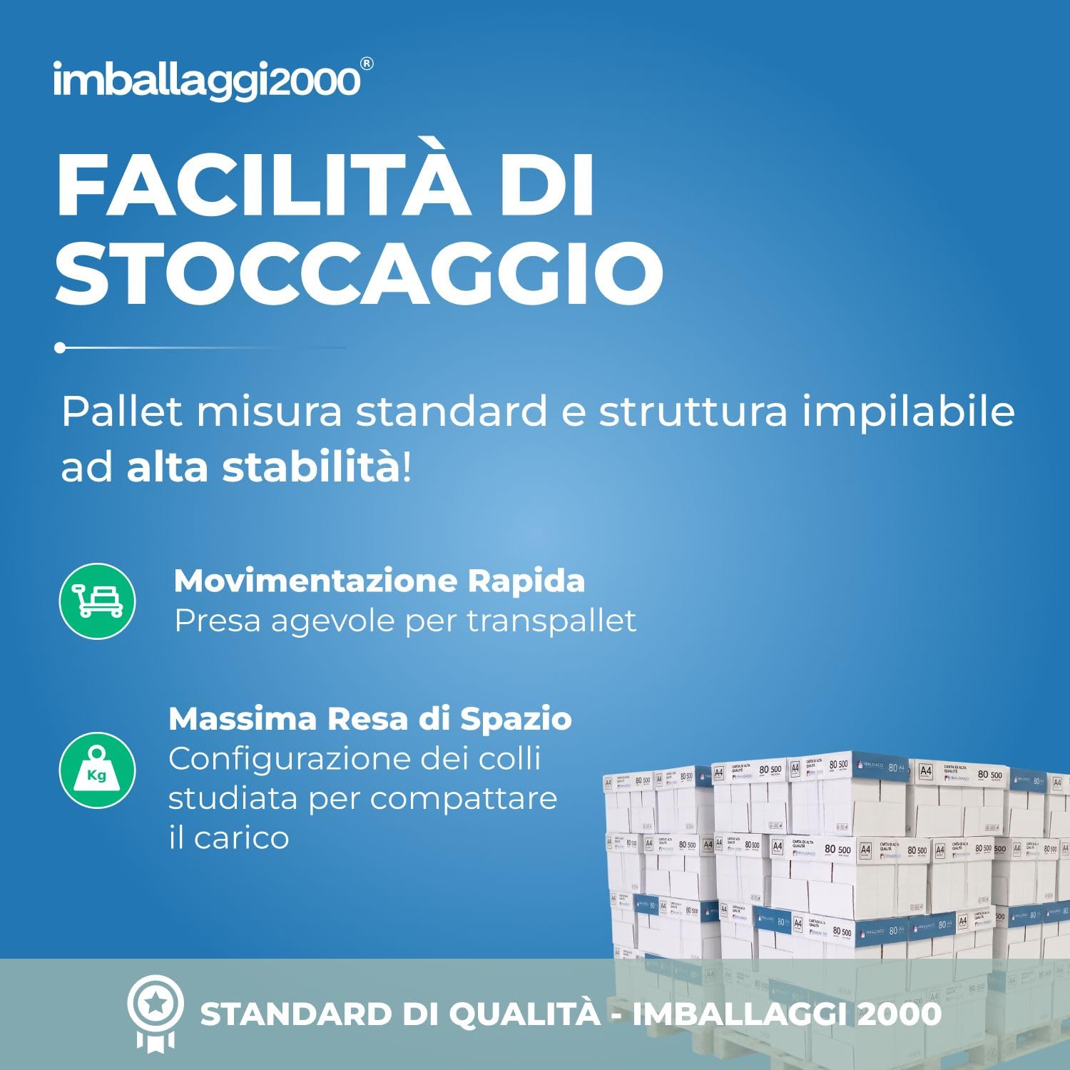 IMBALLAGGI 2000 – Pallet Carta A4 per Stampanti, 180 Risme da 500 Fogli, 90.000 Fogli, Carta A4 di Alta Qualità per Ufficio, Fotocopiatrici e Stampanti, Formato A4, 80 g/m²