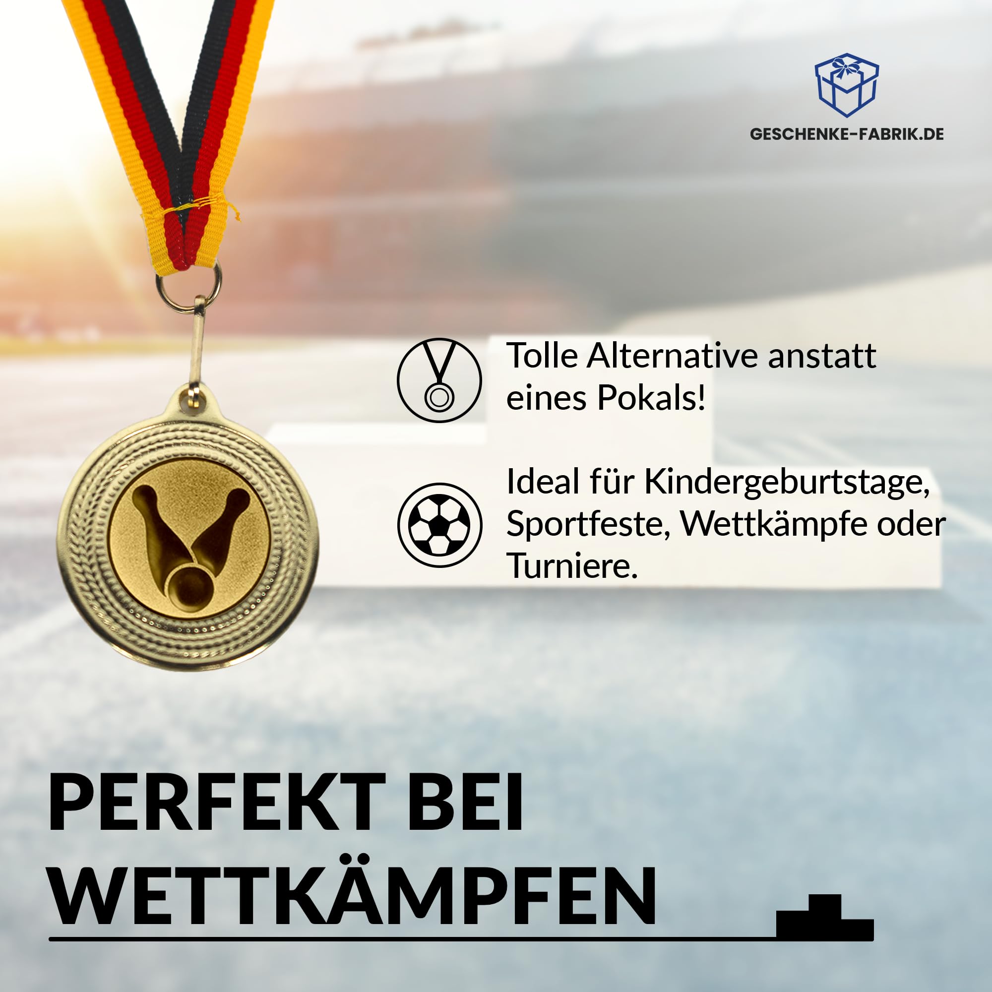 Pokal-Fabrik.de - Bowling-Medaillen Metall - Bowlingmedaille golden zum Umhängen für Siegerehrungen - Medaillen Kinder mit Deutschlandband & Emblem für Vereine & Turniere