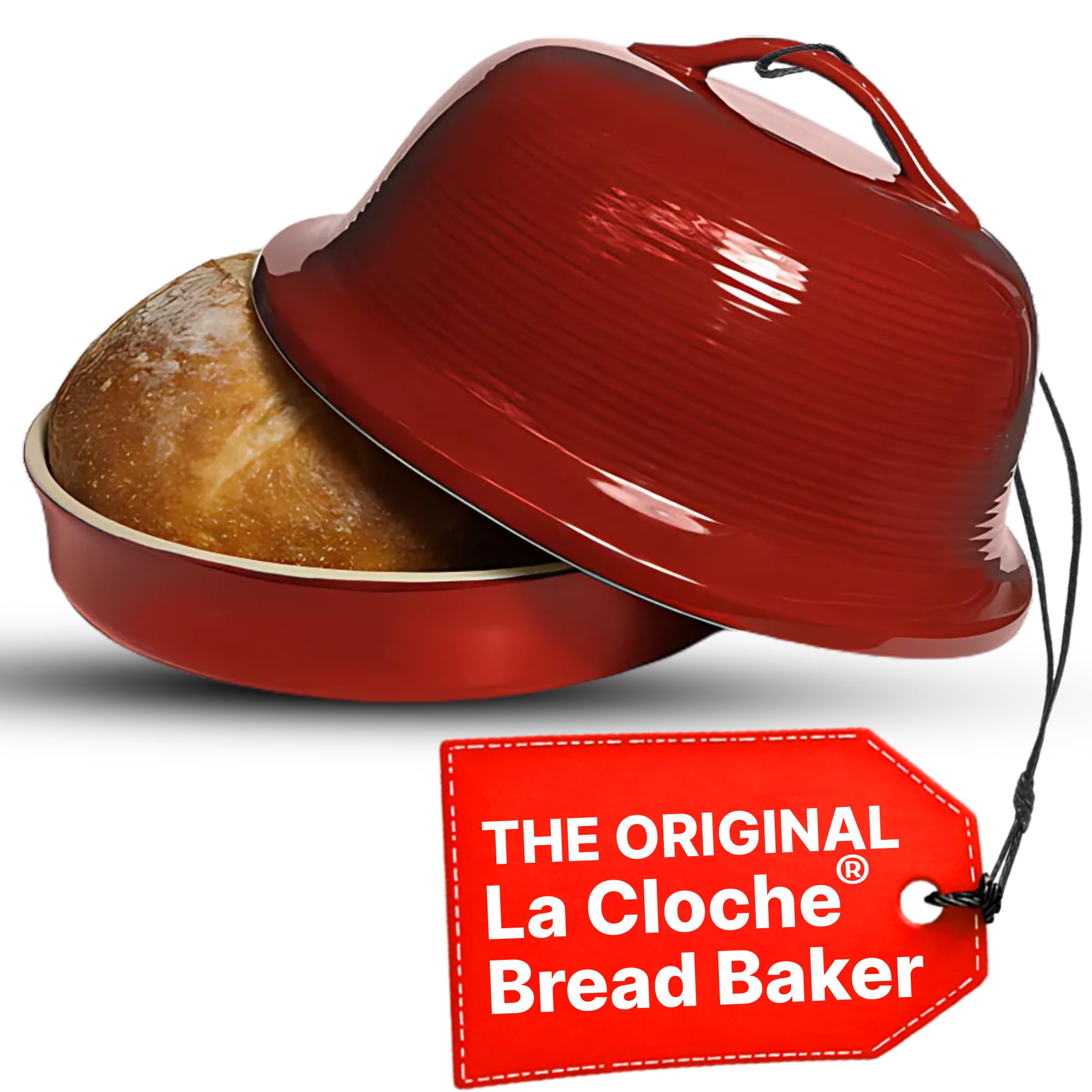 Sassafras Superstone® Stoneware La Cloche® Bread Baker with Red Glazed Exterior and Unglazed Interior Bakes an Artisan Bread with Crusty Crust and a Light Crumb