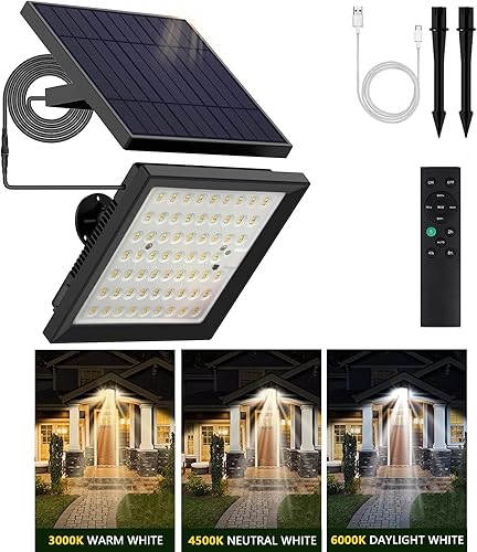 Dnejiu Luces colgantes solares de 124 LED de 1500 lm para exteriores, impermeables, con control remoto, iluminación exterior, luces de pared de