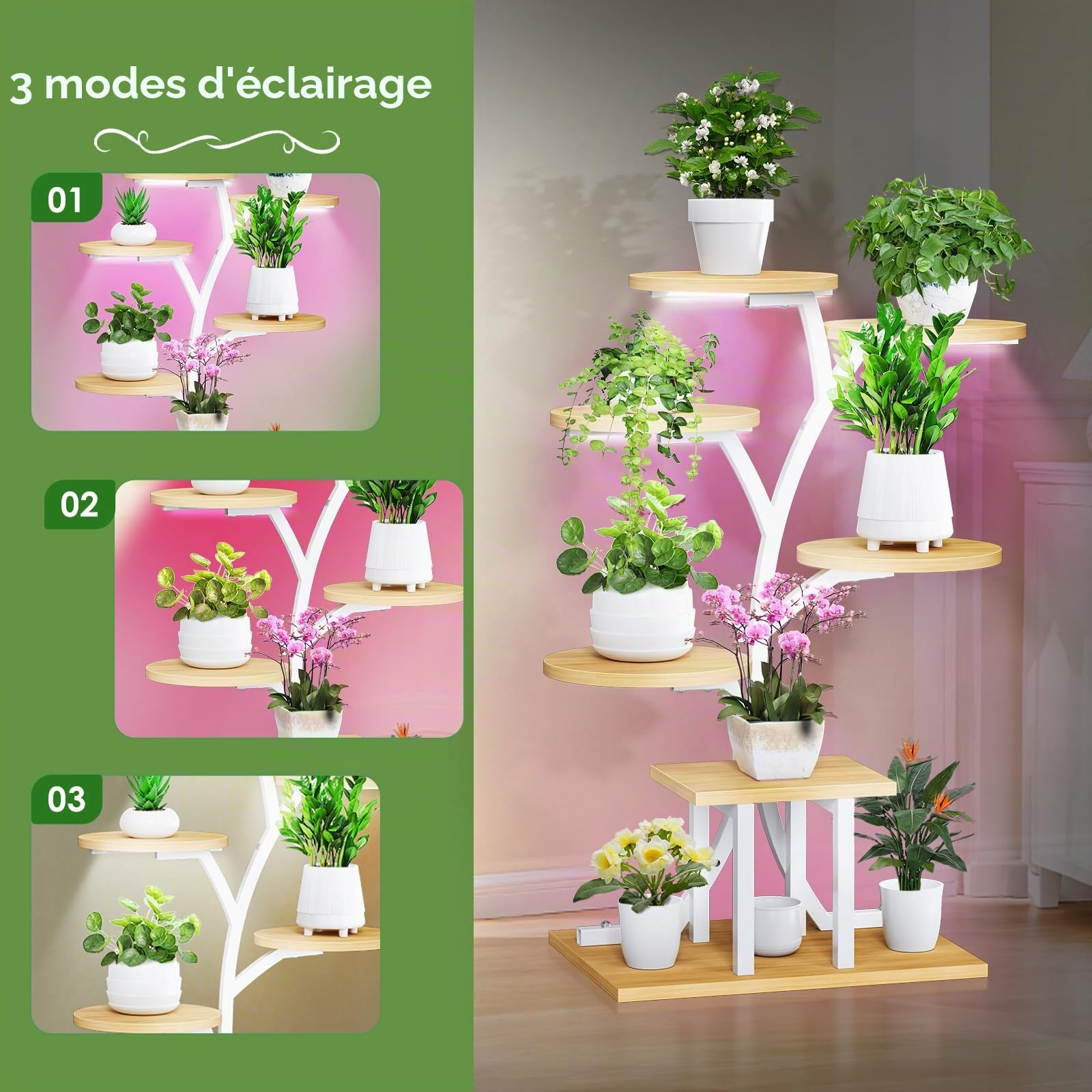 Support Plantes Interieur avec Lampes de Croissance,7 Niveaux Porte Plante Interieur,110cm Etagere Plantes Interieur le Balcon du Jardin, Salon, Bureau, Noir