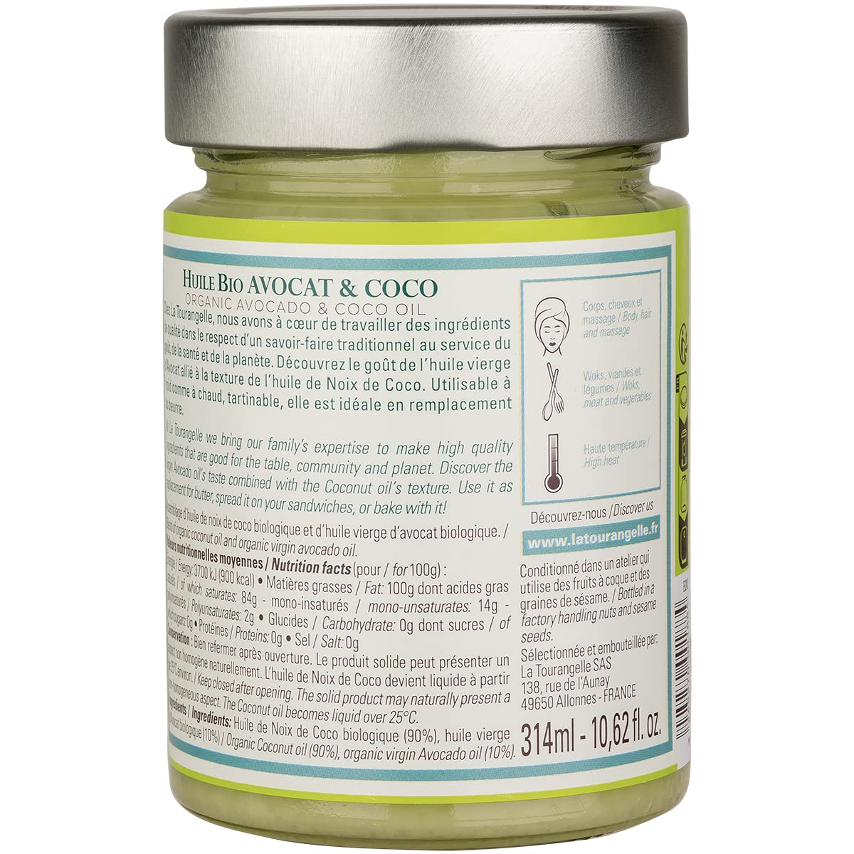 La Tourangelle - Huile bio avocat et coco - Mélange d'huile vierge d'avocat et de noix de coco - Huile cosmétique pour peaux et cheveux - 314ml