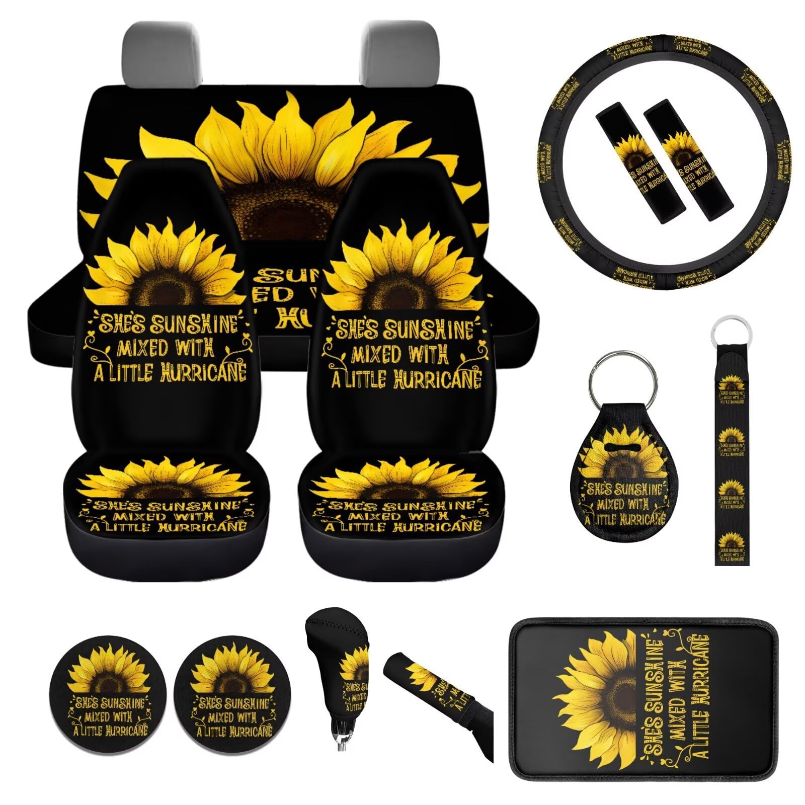 WUYOJUXA She's Sunshine Sunflower Car Seat Covers Full Set for Women Sunflower Steering Wheel Cover Armrest Cover Seatbelt Covers Polyester Front Seat