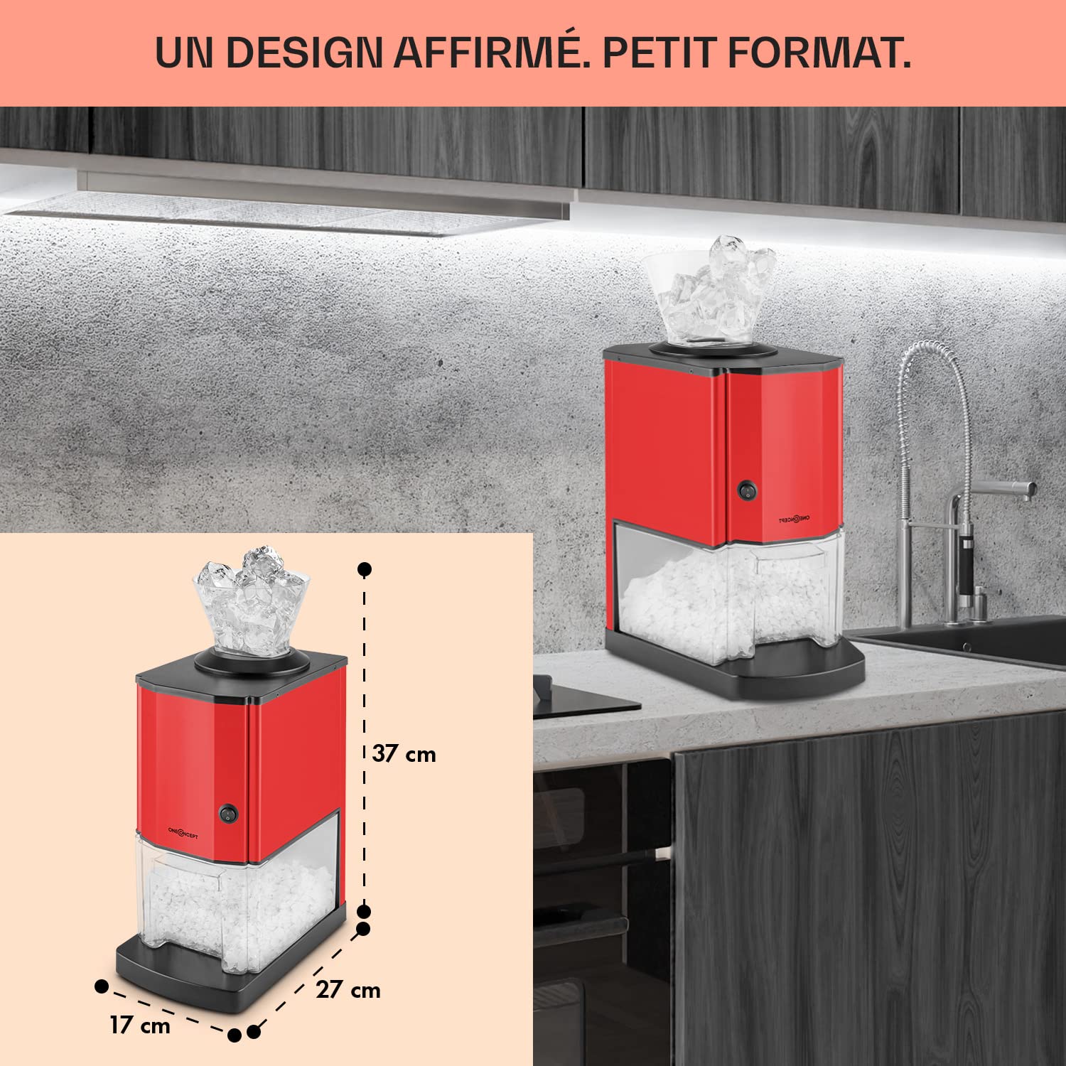 oneConcept Icebreaker - Broyeur à glace , Jusqu'à 15 kg/heure , Look chic en acier , Capacité de 3,5 litres , Entonnoir de remplissage , 220-240V , 4 pieds ventouses , Rouge
