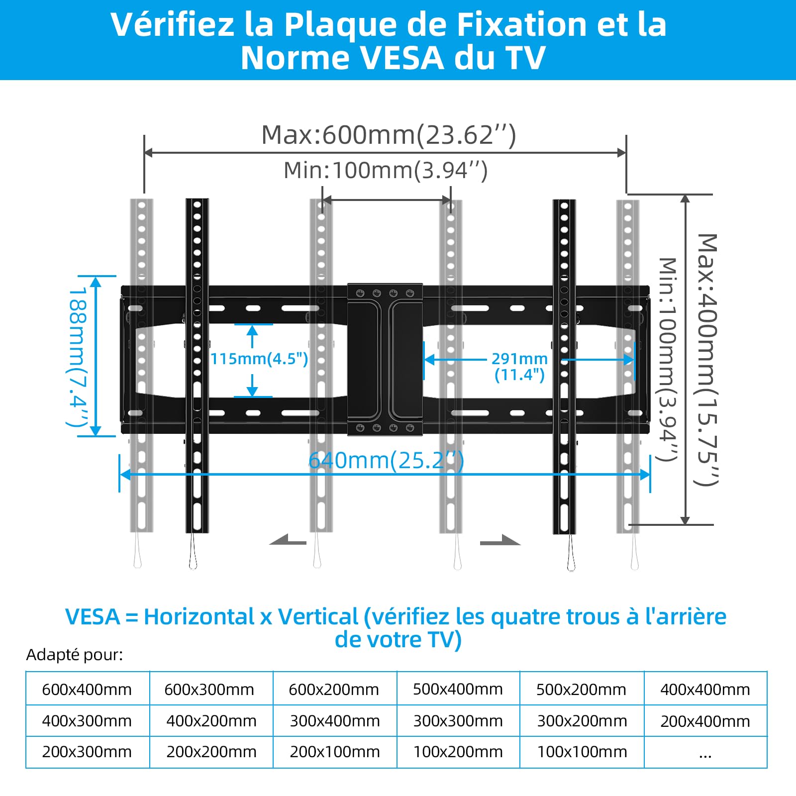 Home Vision HV9601 Support Mural inclinable et Robuste pour téléviseurs Plats/incurvés de 32 à 85 Pouces, capacité de 75 kg, VESA Max 600 x 400 mm, Profil Bas, Universel, Compatible avec la Plupart