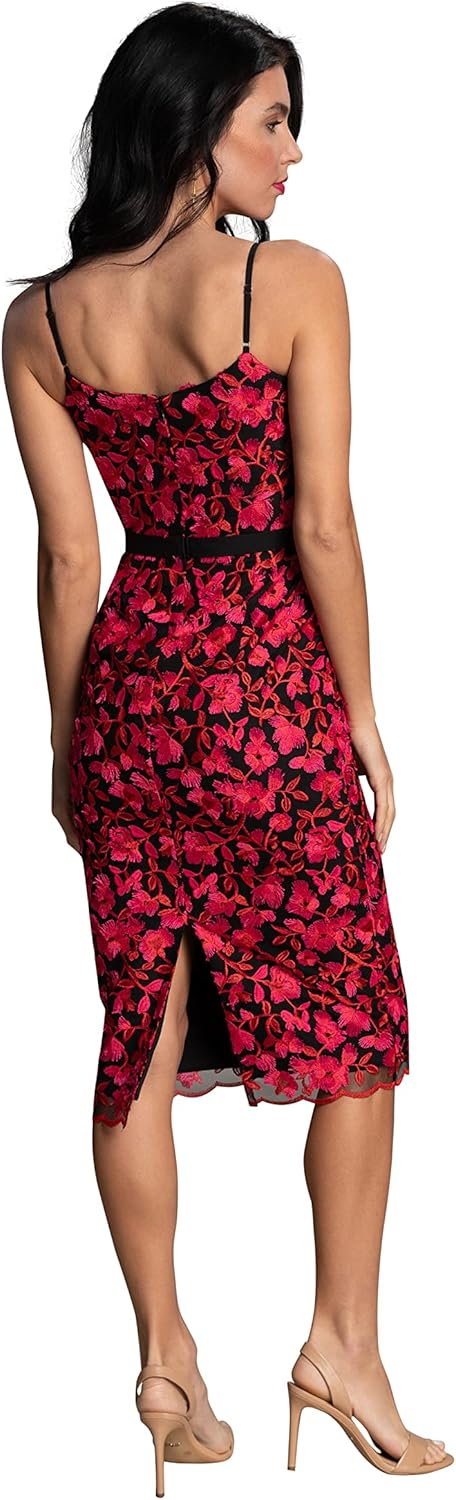 Dress The Population Womens Emma V Neck Embroidered Sleeveless Belted Midi DressDress - Image 2