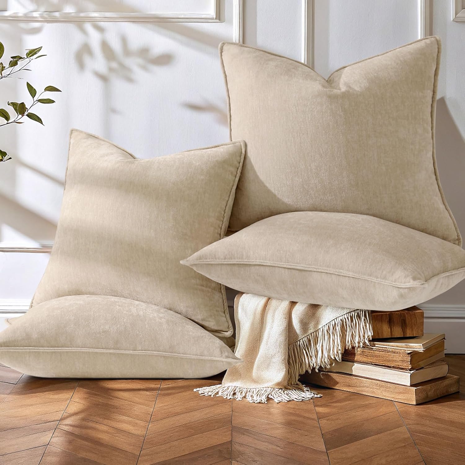 decorUhome Spring Set of 4 Beige Couch Throw Pillow Covers 20x20, Decorative Soft Neutral Chenille Pillow Covers with Elegant Design for Living Room Bed Sofa