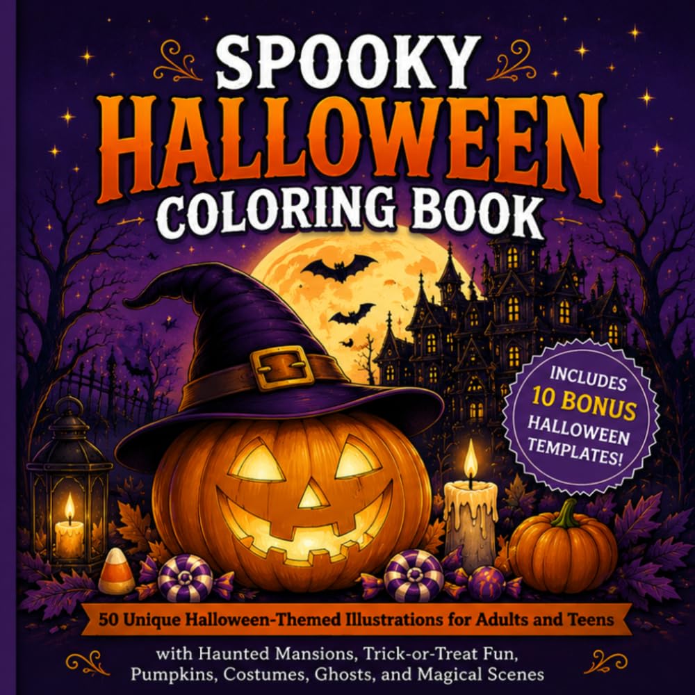 Spooky Halloween Coloring Book: 50 Unique Halloween-Themed Illustrations for Adults and Teens with Haunted Mansions, Trick-or-Treat Fun, Pumpkins, Costumes, Ghosts, and Magical Scenes