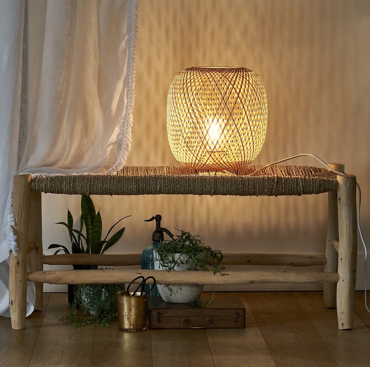 Banc Marocain en Bois Massif et Tressage naturel, Banquette d'Entrée, Fait main (Tressage croisé, 100cm)