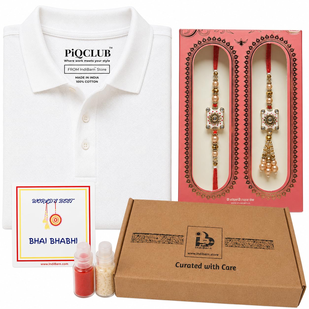 Rakhi Gift Combo Set - IndiBarn Bhaiya Bhabhi Rakhi with Fridge Magnet Premium White Cotton Polo T-Shirt for Brother | Rakshabandhan Gift Pack-picture-32
