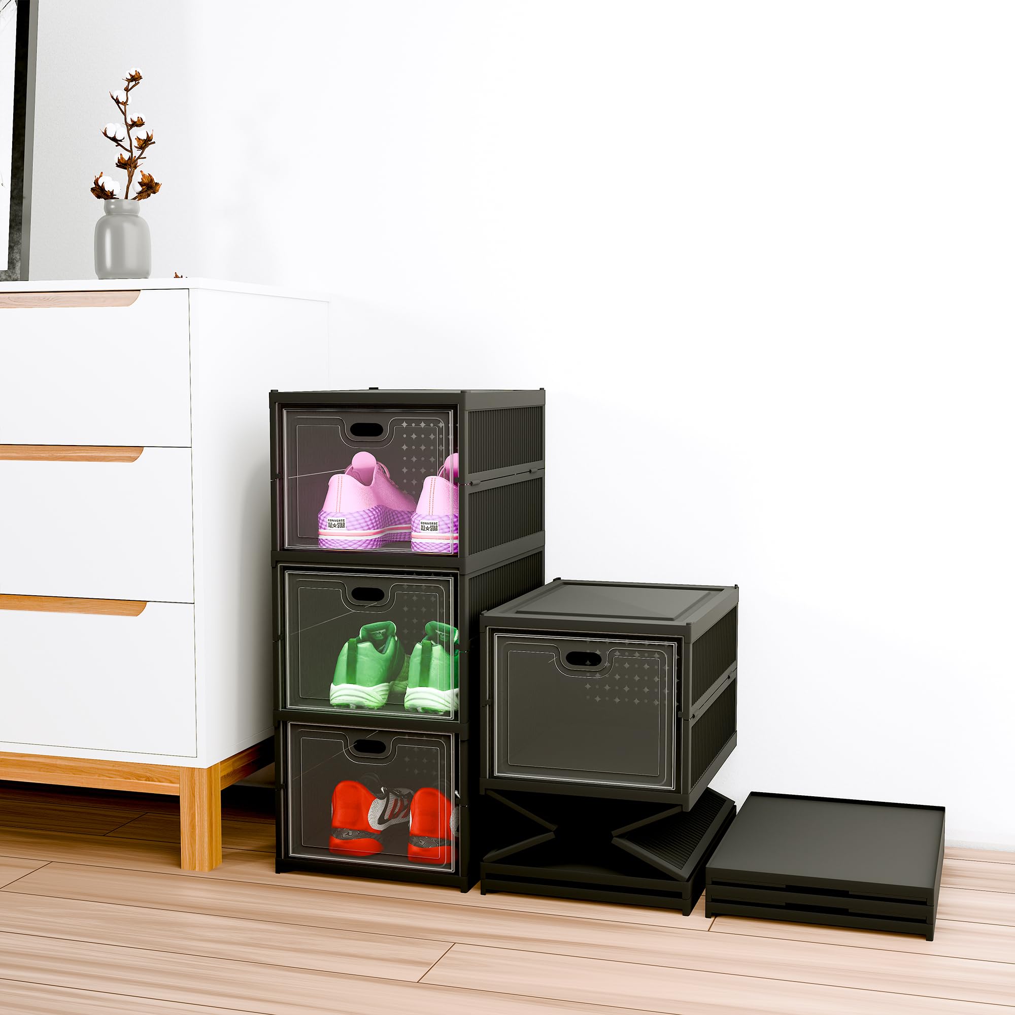 Kuber Industries Plastic 3 Layer See Through Foldable Closed Shoes Racks for Home | Shoe Boxes Storage/Sneaker Shoe Box Stand | Organizer for Wardrobe | Collapsible Shoe Rack Storage | Matte Black