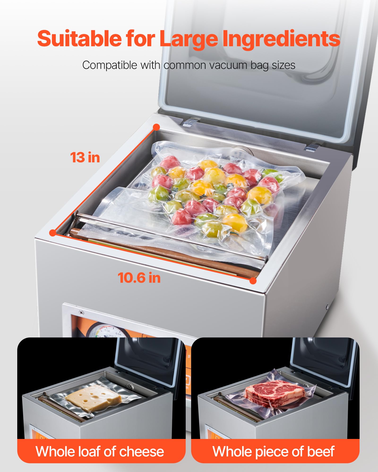 VEVOR Sellador al Vacío de Cámara 260 W Máquina de Envasado al Vacío de Acero inoxidable Tamaño Compacto de 260 mm para Cocina del Hogar Para Uso Comercial Para Alimentos Húmedos, Carnes y Adobos