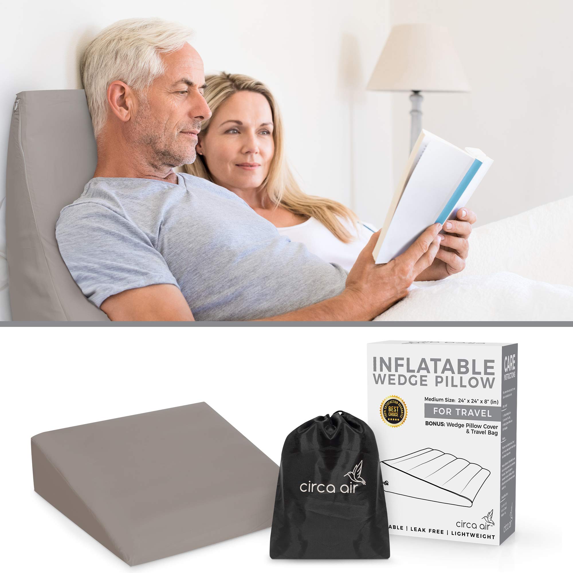 Circa Air Inflatable Wedge Pillow - with Cover (Medium, 24 x 24 x 8 inches) Wedge Pillow for Sleeping and Acid Reflux. Great Reading Pillow for Bed. Light & Compact for Home Use/Travel