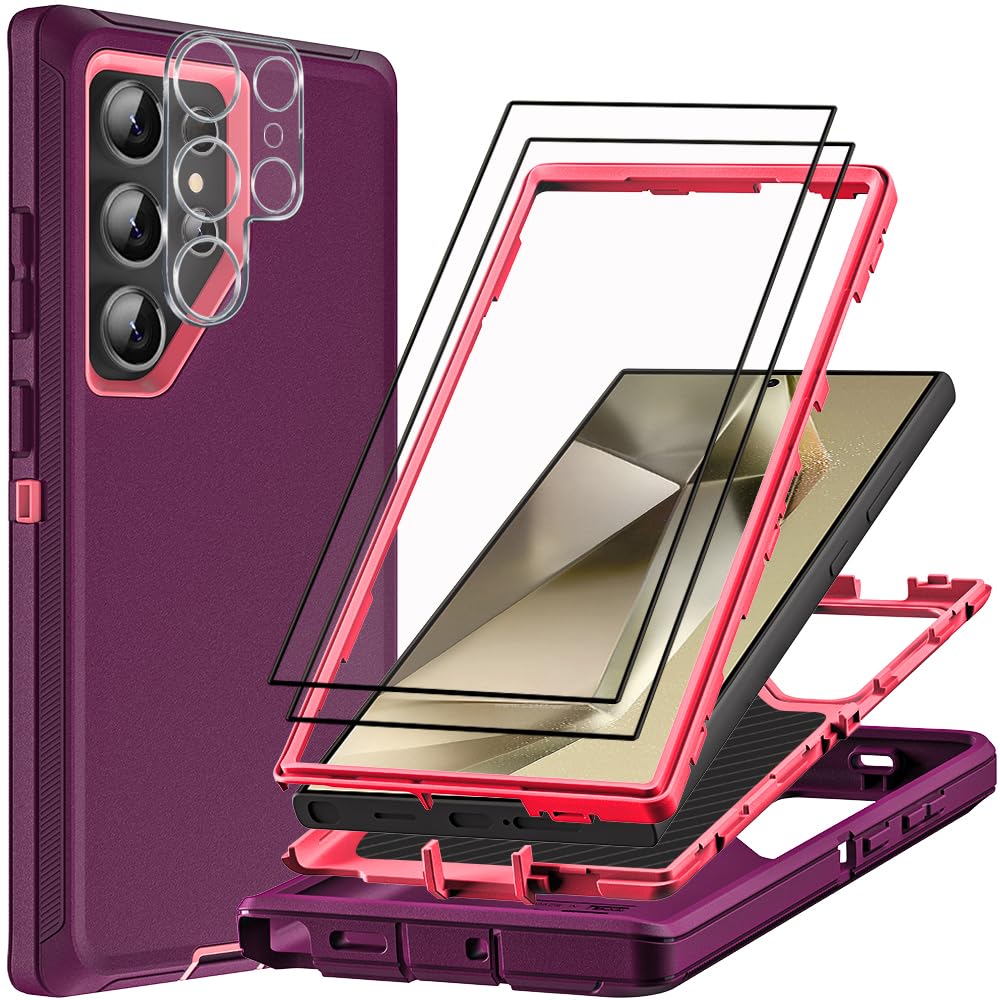 TFDSEUGH for Samsung Galaxy S24 Ultra Case with 2Pcs Tempered Glass Screen Protector and 1Pcs Camera Lens Protector, 3 in 1 Heavy Duty Shockproof/Drop