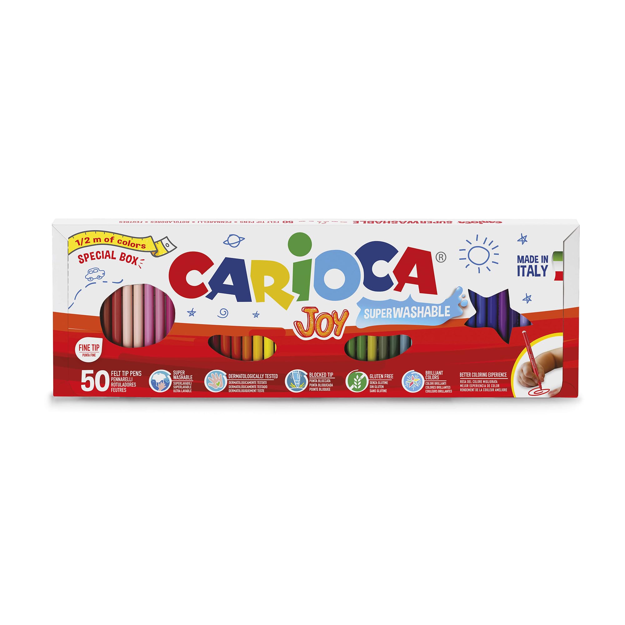 Carioca Rotuladores Joy Punta Fina | Caja de 50 Rotuladores Superlavables y con Gran Cobertura | Ideales para Dibujar y Colorear | Colores Surtidos | Punta Ø 2,8 mm | 50 piezas