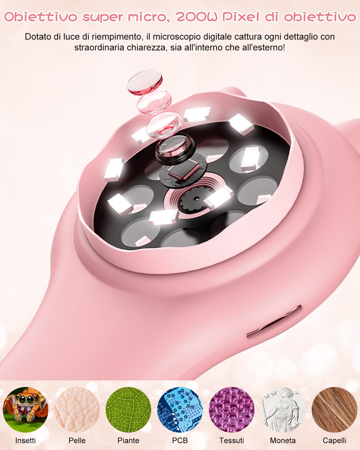 Microscopio per bambini, Vankarr microscopio portatile 500X con schermo IPS 2,0", giocattolo educativo per microcosmo, appassionati di scienza, compleanno, Natale, Rosa