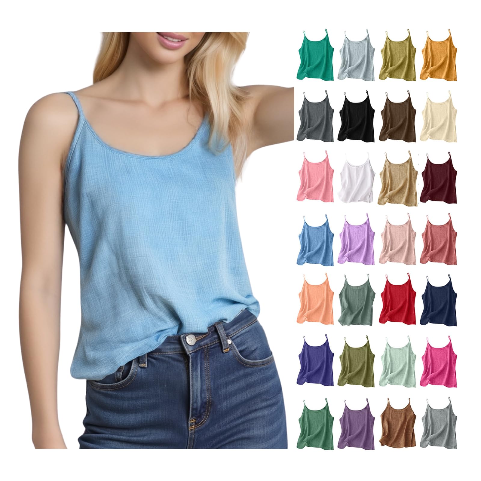 Womens Cotton Linen Tank Tops Summer Cute Sleeveless Cami Shirts Spaghetti Strap Gauzy Camisoles Casual Basic Tanks