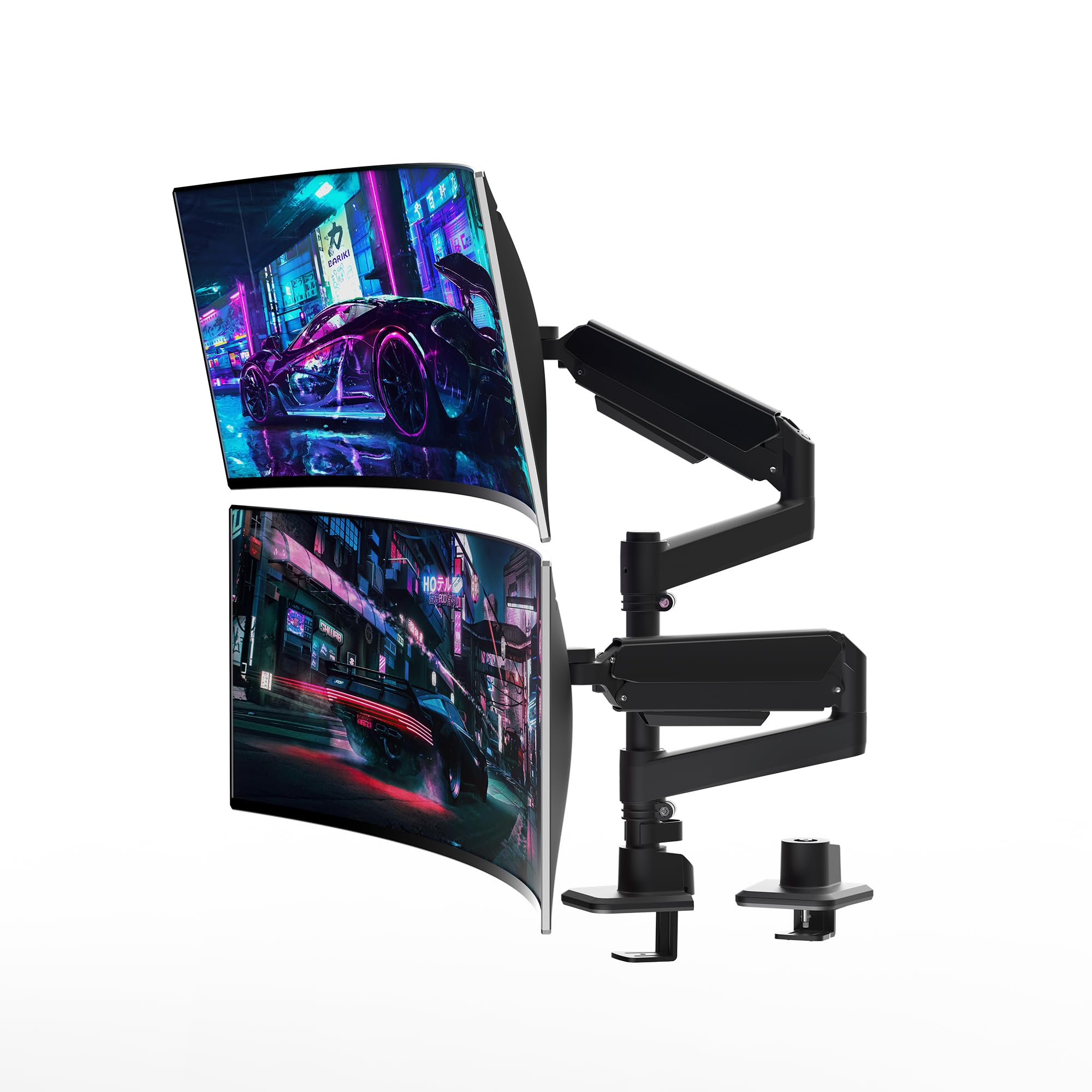 デュアルモニターアーム 17-49インチのウルトラワイドスクリーン用 デュアルモ ニターマウント 最大44ポンド 調節可能 垂直スタックフルモーションデュアルモニターアームデスクマウント 75/100mm VESAマウント、 ブラック