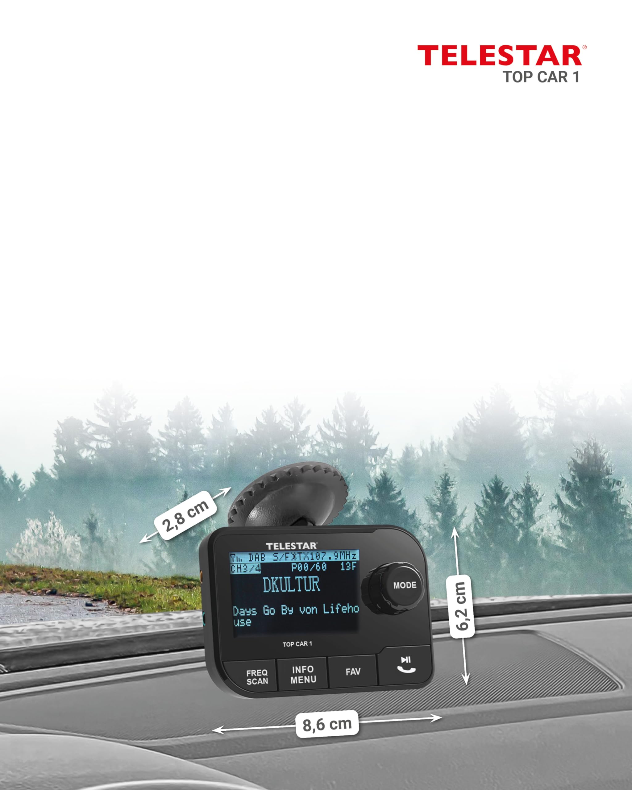 TELESTAR Top Car 1 – Dab+ Adaptador para autoradios, Ranura microSD – Negro | FM-Transmisor, salida Line-Out, streaming de audio Bluetooth, pantalla 2,3″, soporte con ventosa
