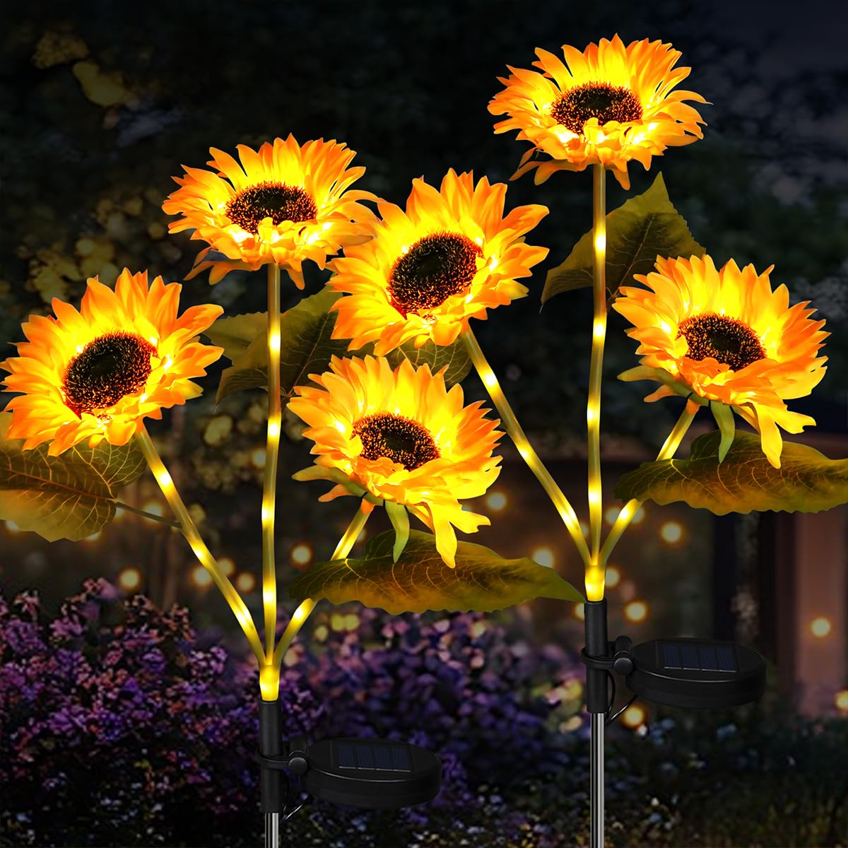 Aolyty 2 Pcs LED Solar Garden Lights, Waterproof Sunflower Stake Light, Decorative Outdoor Artificial Ornaments for Grave Patio Pathway (3 Heads)