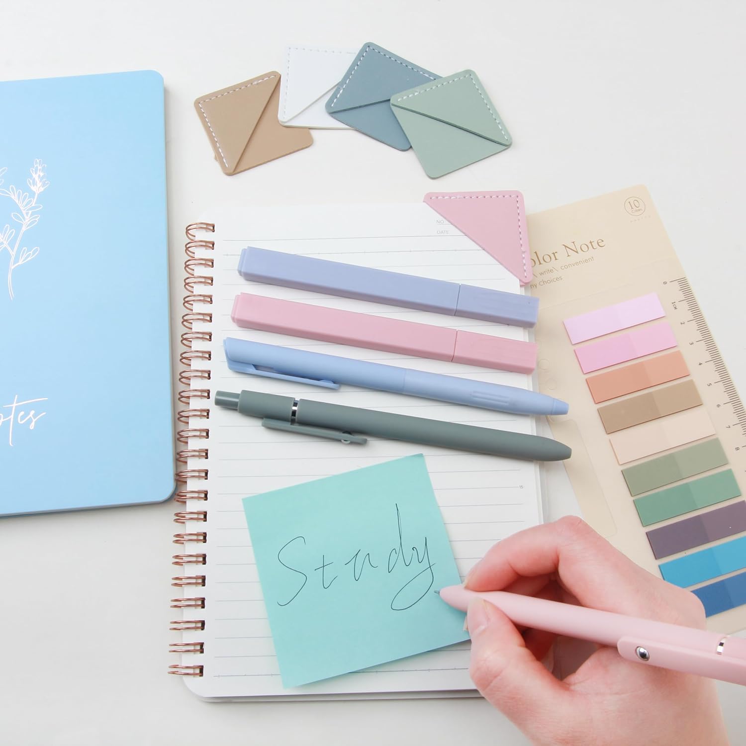 Tuhangcc 47PCS Spiral Notebook Stationary Set For Women,Bible Journal Set, 3PCS Unique A5 Spiral Notebooks 12 Highlighters, Sticky Notes & Bookmark Tabs 5 Gel Pen for Work Office Supplies (Blue)