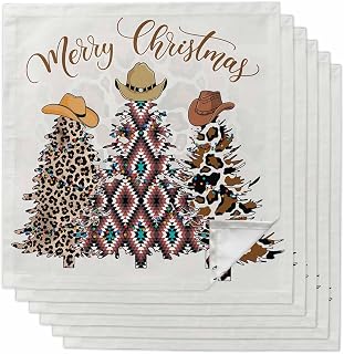 Merry Christmas Cloth Napkins Set of 6, 20x20 Inch, Xmas Tree Cowboy Hat Dinner Napkins Cow Leopard Reusable Washable Table Towel for Christmas Party Restaurant Banquet
