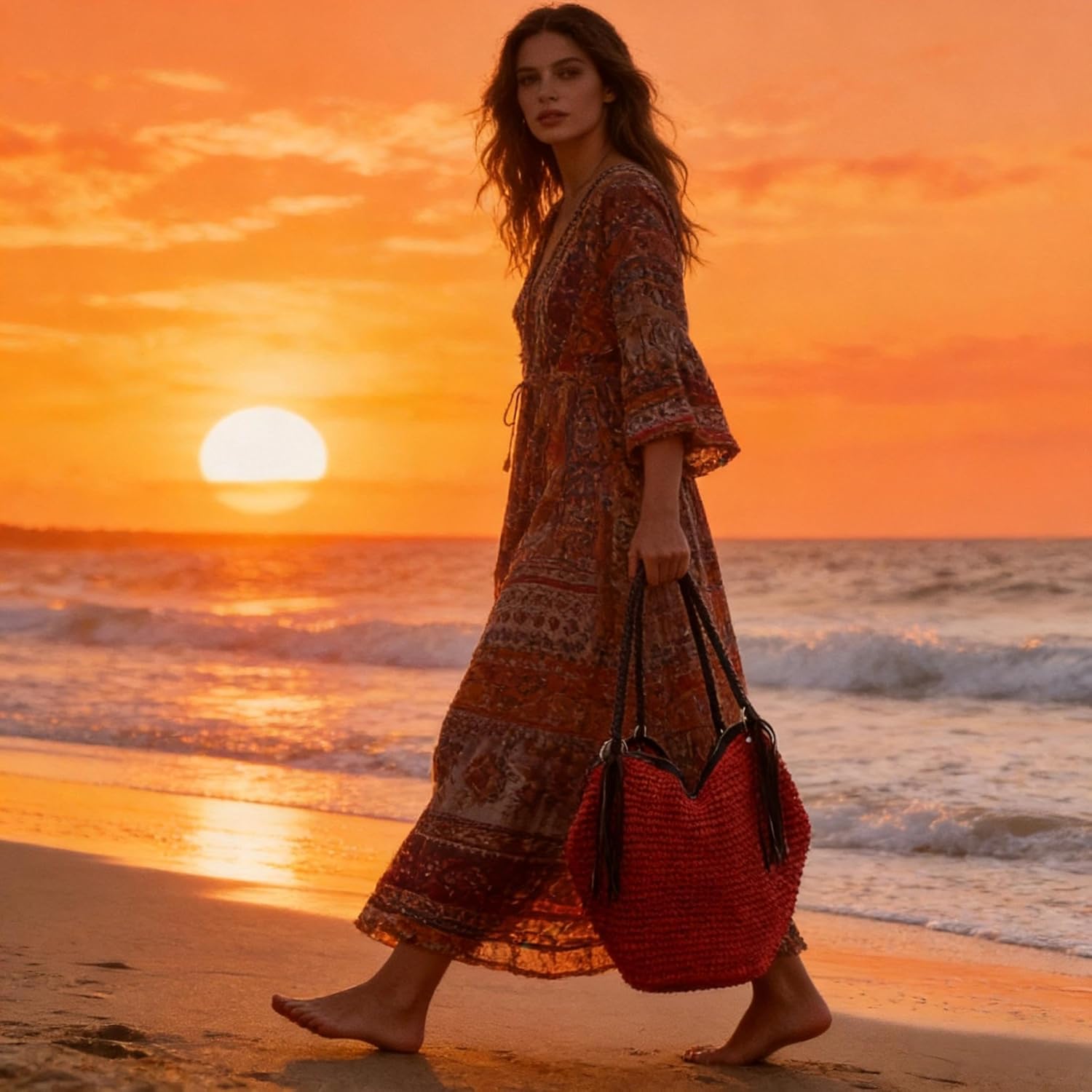 Soft Large Straw Shoulder Bag with Brown Charm Leather Tassels, Boho Leather Handle Tote Retro Summer Beach Bag Rattan Handbag (Red) - Image 3