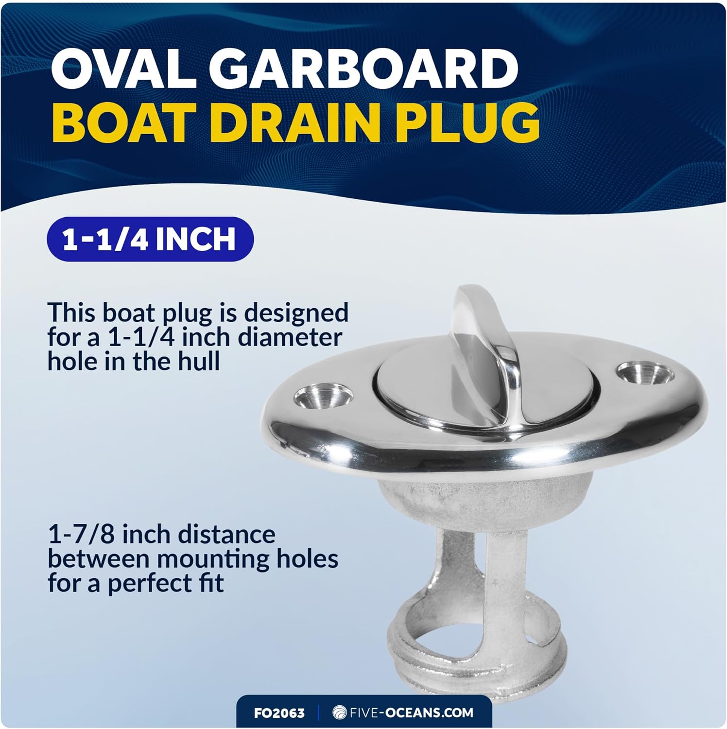 Five Oceans Kayak Drain Plug - Boat Plug, Stainless Steel, Silver, 1-1/4-Inch Transom Hole, Oval Shape, Thread with Rubber Washer Gaskets - FO2063