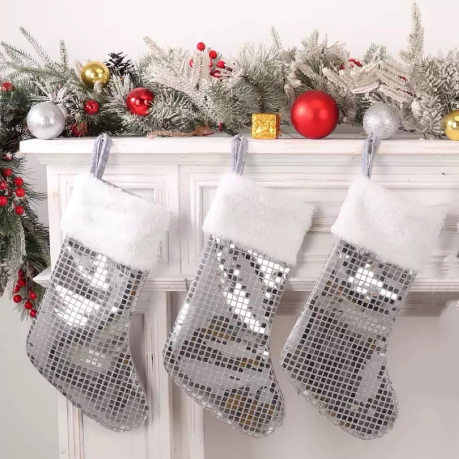 3 Pack Christmas Stockings,Blingbling Glitter Sequin Xmas Stockings 15'' Large Disco Stockings Ornaments,Family Kids Xmas Fireplace Holiday Party Decorations