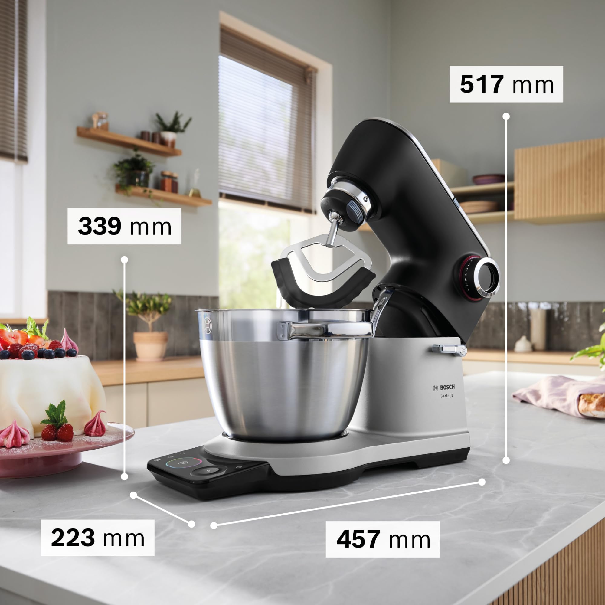 Bosch Küchenmaschine Serie 8, Automatikprogramm, Waage, Timer, 7 Stufen, 6l Edelstahl-Schüssel, Silikonbesen, spülmaschinenfest, 1.800 W, MUMS8ZS18