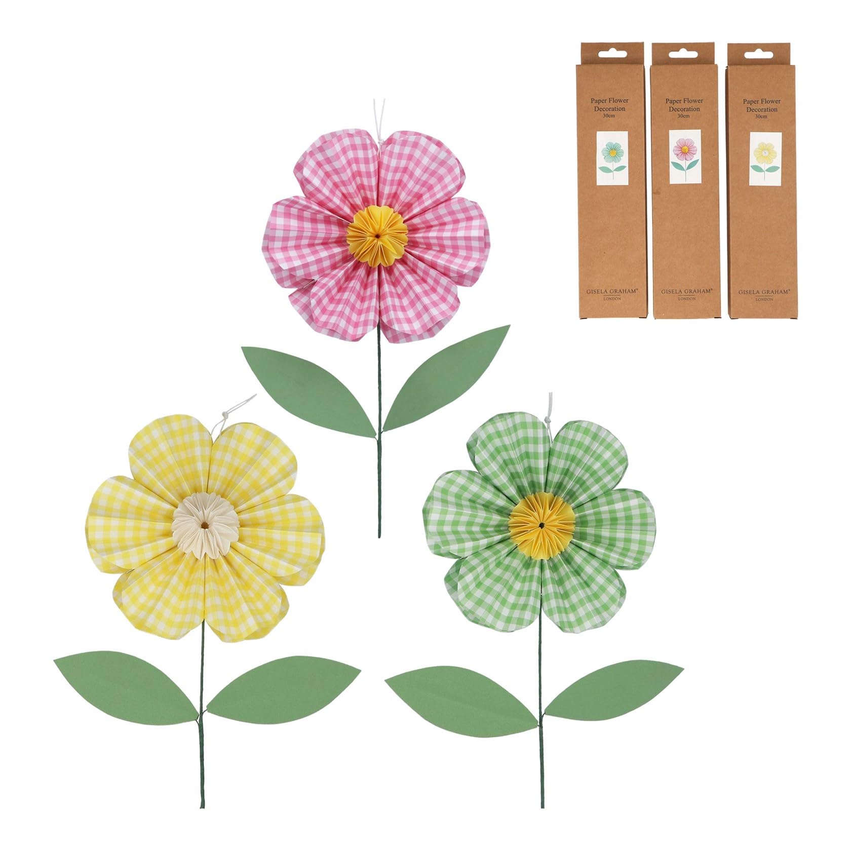 Gisela Graham Paper Hanging Flower Decorations, Set of 3, Gingham Spring Easter Hanging Ornaments, Pastel Paper Floral Decorations