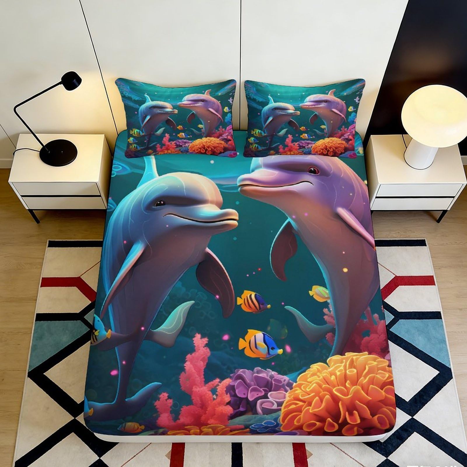 3D Printed Dolphin Ocean Fitted Sheet Microfiber Soft Anti-Slip Sea Life Mattress Cover for Bedroom Dorm Decor 120x200cm 140x200x25cm
