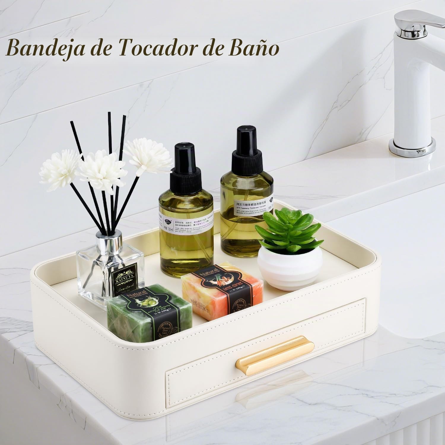 GORESE Bandeja para Joyas, Bandeja de Valet con Cajón Cuero Bandeja de Mesa de Noche Organizador Vaciabolsillos Escritorio Bandejas Decorativas para Llaves,Maquillaje,Joyería,Moneda(Blanco Marfil)