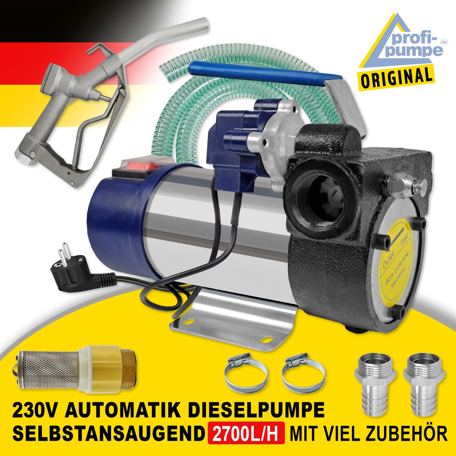 Pompa oleju opałowego, pompa oleju opałowego, automatyczna pompa diesel Star 160-4.2, pompa beczkowa z przyłączem 230 V, z wężem, akcesoria z pistoletem do dozowania, wąż, zawór zwrotny