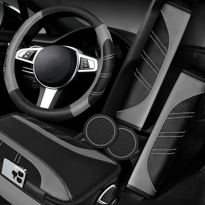 NBTEPEM 6 Pcs Grey Steering Wheel Cover Set, Sport Microfiber Leather Steering Wheel Cover 14.5-15inch Universal, Car Center Console Cover, Seat Belt Cushion, Cup Coasters, Grey Car Accessories Set