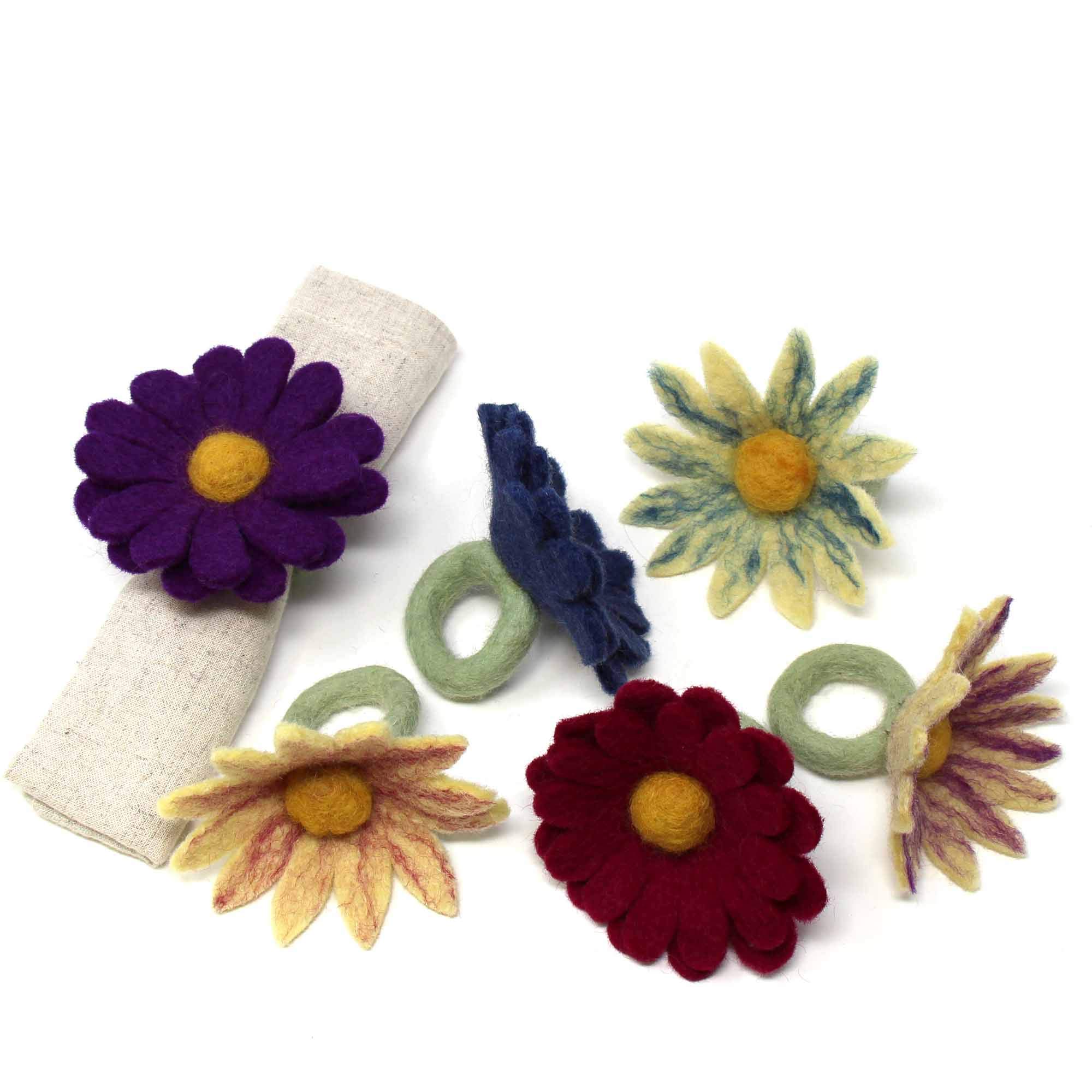 Handmade Felt Napkin Rings Set from Nepal, 6-Pack, Mixed Color Daisies