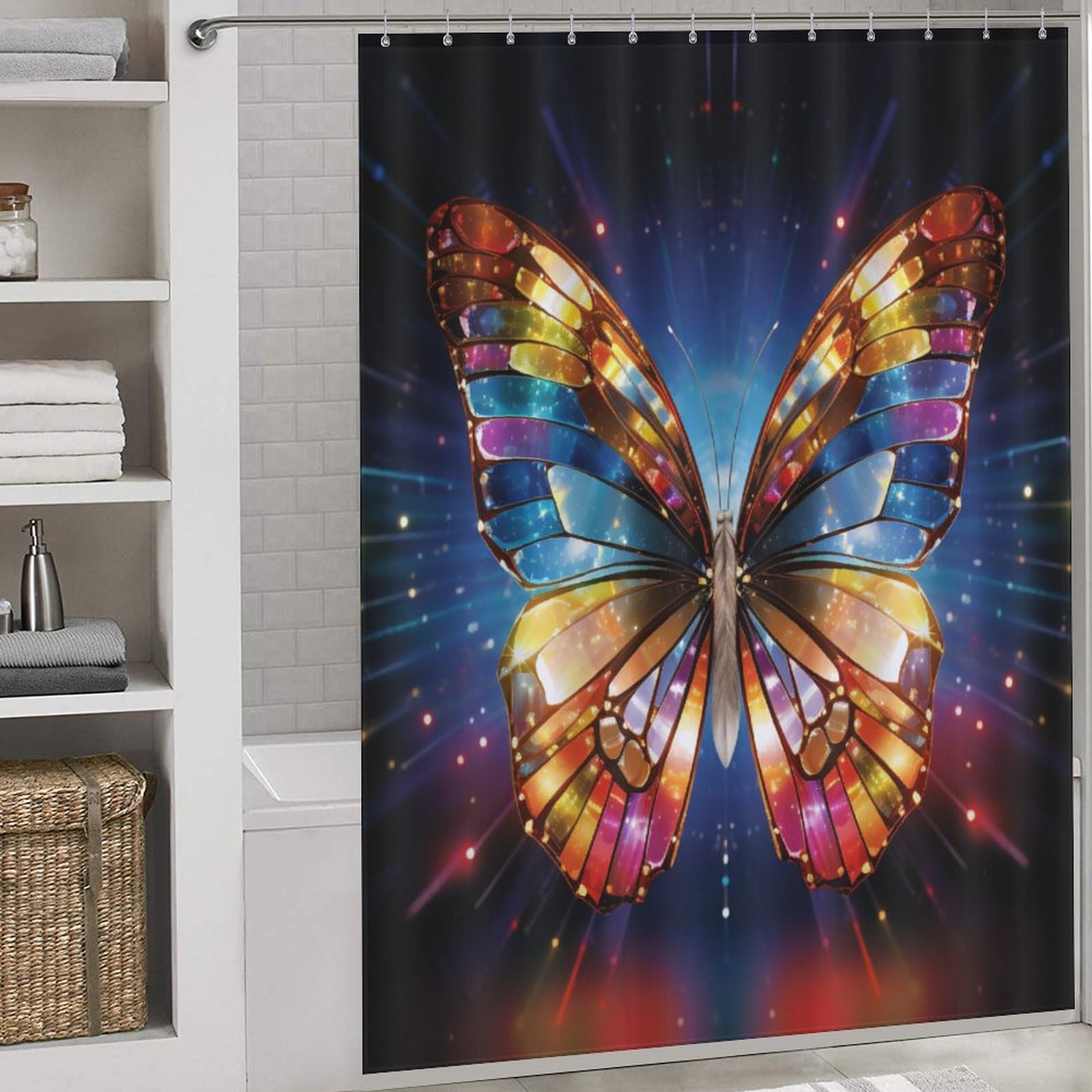 Rideau de douche papillon en tissu polyester lavable avec 12 crochets pour salle de bain 168x183cm