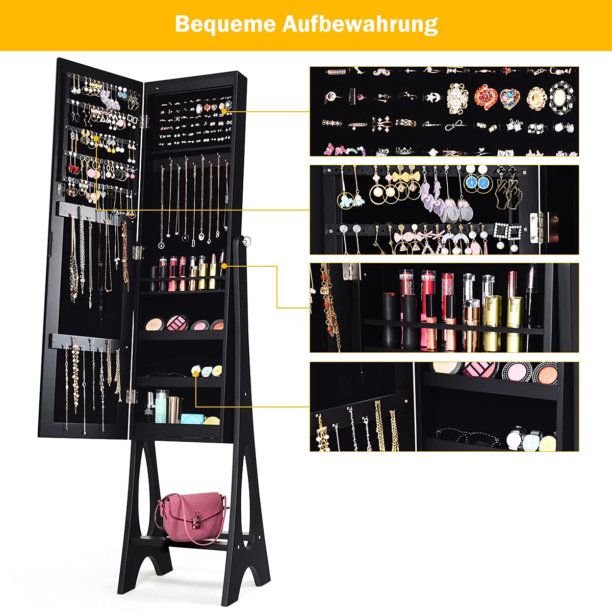 COSTWAY Schmuckschrank Standspiegel abschließbar, 2 in 1 Ganzkörperspiegel mit Schmuck Aufbewahrung, Spiegelschrank mit 12 LEDs freistehend (Schwarz)