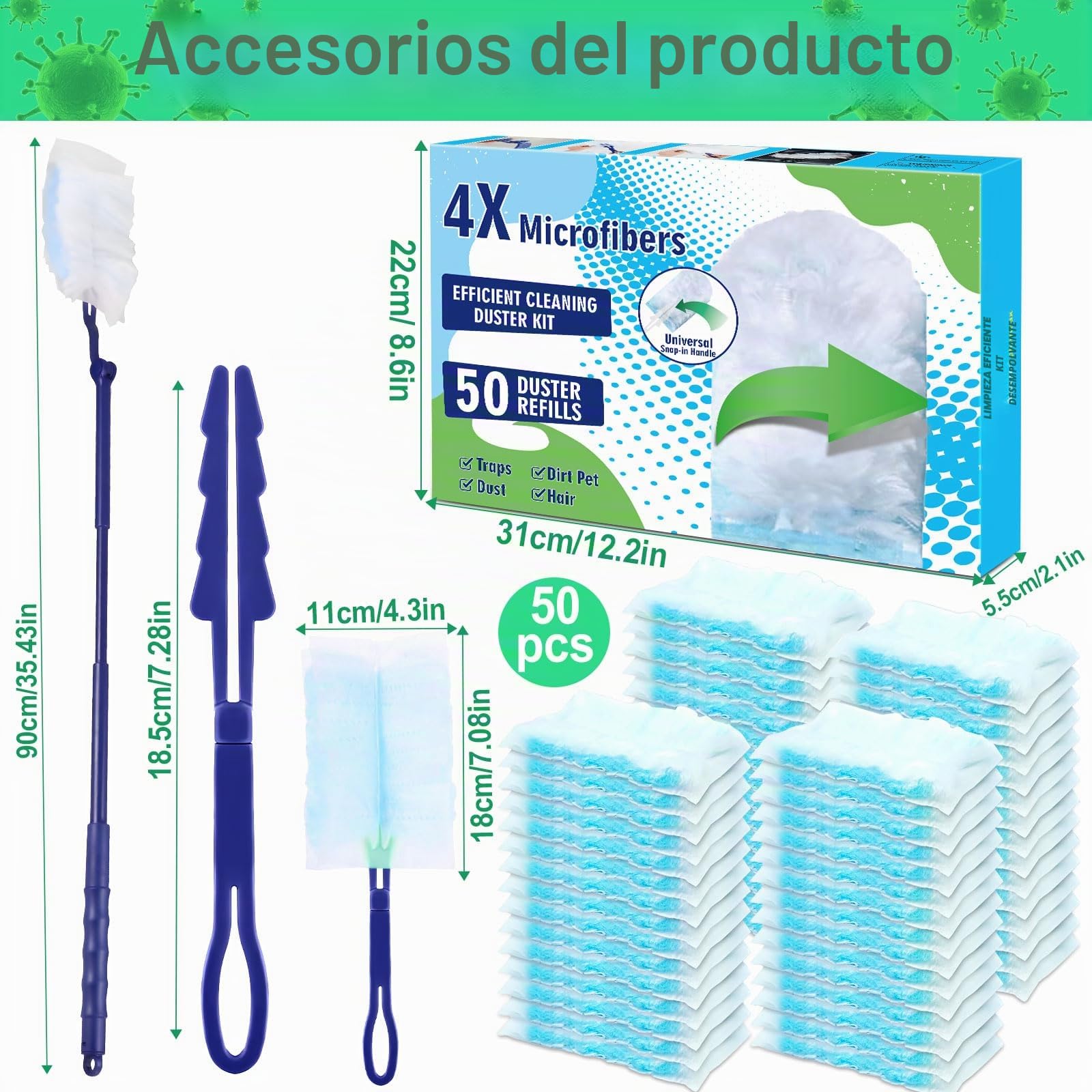 50 Piezas Plumero Duster Kit, Recambios para Plumero de Polvo, Plumeros Antiestático, con 1 Mango Largo Y 1 Mango Corto, Plumeros Atrapapolvo, para Pelo de Animales, Polvo, Suciedad