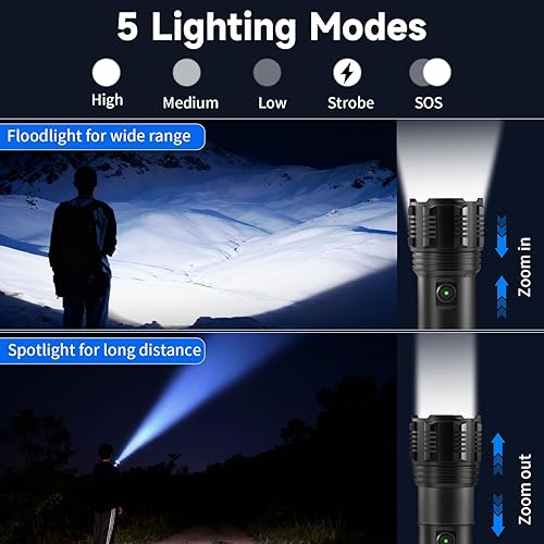 Miniatura 4 de Linternas de alto lumen recargable con mango, 5 modos de linterna súper brillante para acampar en casa, color negro