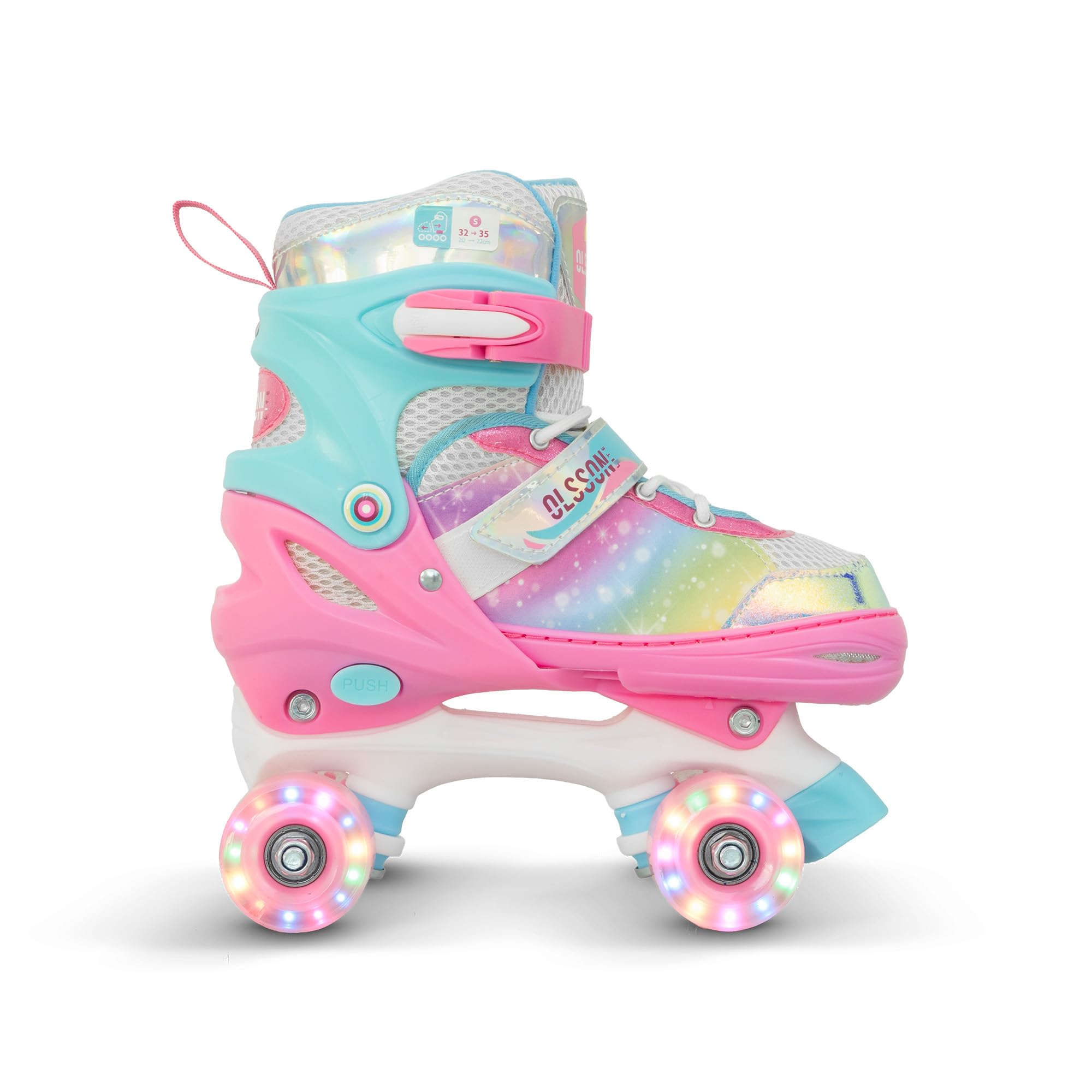 Pattini a 4 ruote per bambini con luci OLSSON Blossom - Taglia regolabile (28-35) tramite pulsante - Cuscinetti ABEC 7 in carbonio - Telaio resistente - Fissaggio regolabile in velcro